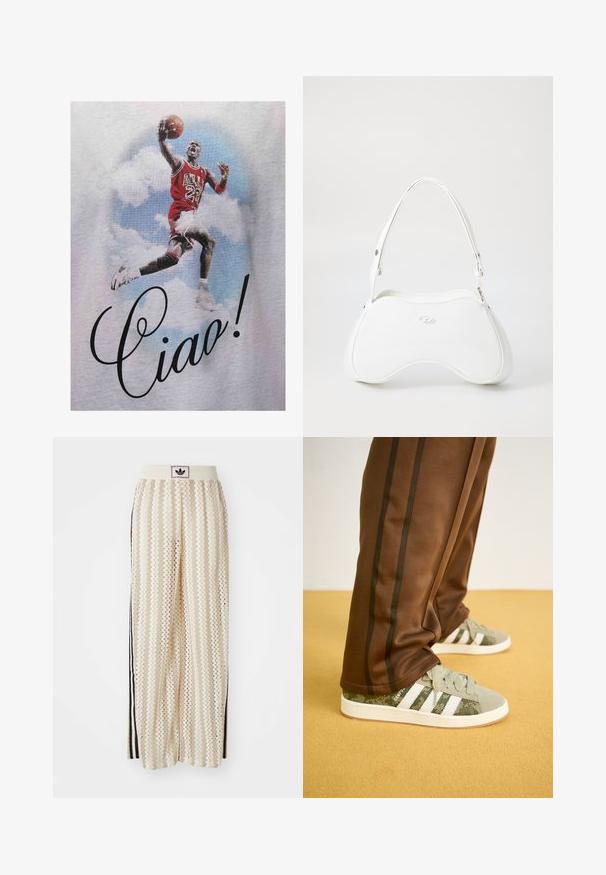 Raudona grafikos marškiniai su šokinėjančiu krepšinio žaidėju, vilkinčiu Nešvilio „Bulls“ marškinėlius, o juodu itališku šriftu parašyta „Ciao!“. Fone matosi debesys.; Grietos spalvos plačios kelnės su zigzagų raštu, turinčios juodą logotipo juostą ir šonines juodas juosteles. Lengvas, tekstūruotas audinys.; Žali kamufliažo sportbačiai su baltais dryžiais, tekstūruota medžiaga ir guminiu padu, derinami su rudos spalvos sportinėmis kelnėmis su tamsiais šonų dryžiais.; Balta rankinė su lygiu, blizgiu paviršiumi, išlenkta forma ir viena reguliuojama rankena. Priekyje yra įspaudas su logotipu.