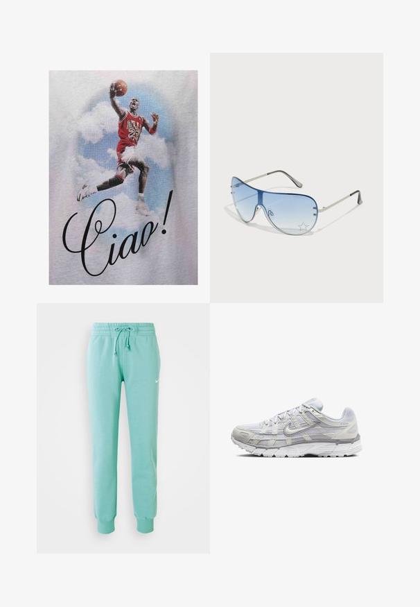 T-shirt gráfico vermelho com um jogador de basquetebol a saltar, vestido com uma camisola dos Bulls, com "Ciao!" impresso em cursivo preto. O fundo apresenta nuvens.; Calças de moletão verde menta com uma cintura elástica, cordão e punhos canelados. Apresenta um pequeno logotipo branco da Nike na coxa esquerda.; Sapatos atléticos cinza claro com parte superior em malha e sintético, apresentando um fecho de cordões, colarinho acolchoado e sola texturizada para aderência.; Óculos de sol aviador com lentes azuis em degradê, armação metálica prateada e detalhes decorativos de estrelas nas lentes. Design suave e elegante.