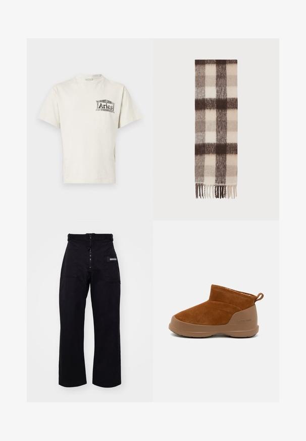 Kortærmet T-shirt med rund hals i off-white bomuld med et sort grafisk print, der skriver "Aries" på venstre bryst.; Sorte, brede cargo-bukser med lynlås og velcro-lukning, der har to forlommer og en sidelomme med et rektangulært metaldetalje.; Brune ruskinds ankelsko med en brun gummisål, der har et enkelt design, rund tå og en lille bagside til at trække i.; Uld tørklæde med et ternet mønster i creme, beige og mørkebrun, med frynser i kanten og en blød, struktureret finish.