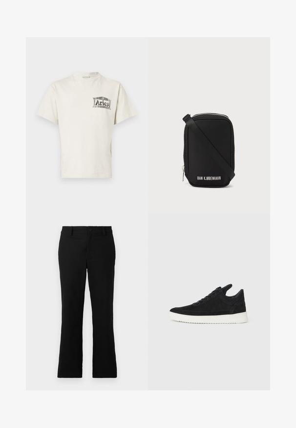 Tričko s krátkým rukávem, kulatým výstřihem v off-white barvě z bavlny, s černým grafickým potiskem "Aries" na levé části hrudi.; Černé rozšiřující se kalhoty vyrobené z bavlněné směsi, s knoflíkovým uzávěrem, poutky na pás a hladkou strukturou bez viditelných vzorů.; Černé semišové tenisky s bílou gumovou podrážkou, s tónovým prošitím a šněrováním. Hladký povrch s moderním, aerodynamickým tvarem.; Černá taška obdélníkového tvaru, vyrobená z hladkého materiálu. Má horní zip, nastavitelné ramínko a bílý nápis: "HAN KJØBENHAVN."
