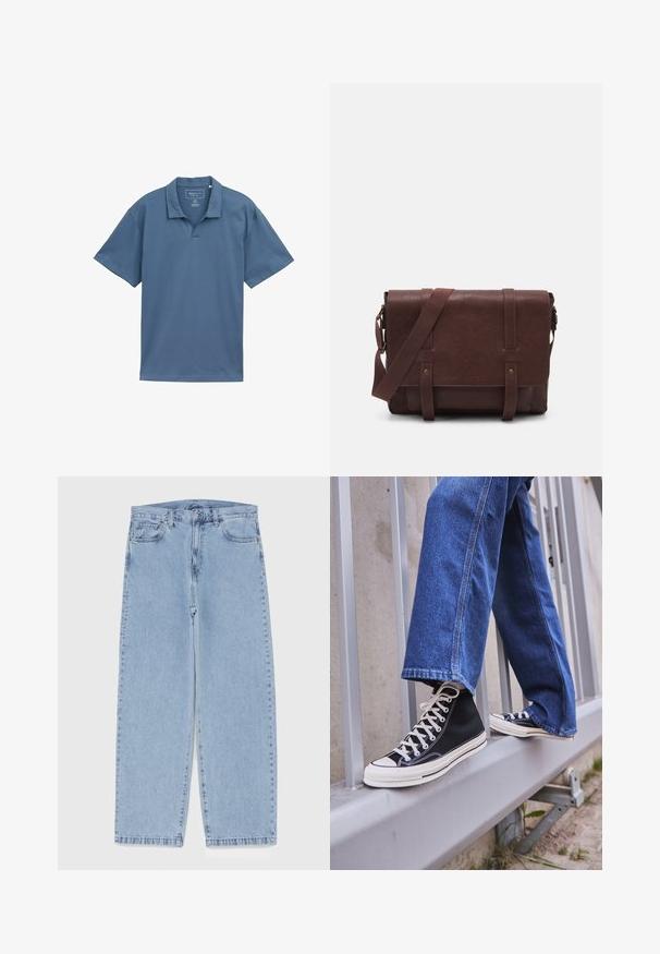 Trumpos rankovės polo marškiniai vienos spalvos mėlynos, su V formos iškirpte ir minkšta, tekstūruota medžiaga. Kasdienis dizainas su laisvu siluetu.; Šviesiai mėlyni džinsai su tiesiomis kojomis, turintys vidutinio aukščio juosmenį, penkias kišenes ir mygtuko bei užtrauktuko uždarymą.; Juodi aukšti sportiniai bateliai su baltu padu ir raišteliais, derinami su laisvai krentančiais mėlynais džinsais, atremti į pilką turėklą.; Rudas odinis paštininko krepšys su lygiu priekiniu dangčiu, dviem diržais, auksiniais detalėmis ir reguliuojamu peties diržu.
