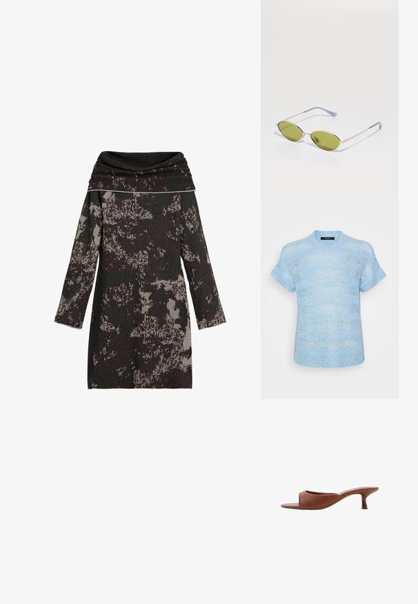 Blue knitted short-sleeve top with a textured pattern. Lightweight material features open stitches and reflective accents throughout.; Knit dress with cowl neckline, featuring black and cream abstract patterns, long sleeves, and textured ribbed material.; Brown open-toe heeled mules with a smooth, matte finish, featuring a curved design and a transparent, tapered heel.; Olive green sunglasses with a thin gold frame and blue-accented arms. Oval lenses and minimalistic design.; Brown synthetic handbag with curved design, detailed stitching, metal studs, and a short strap. Zipper closure with decorative accents.