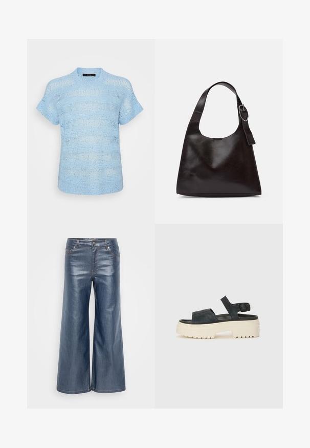 Teks plave boje s kratkim rukavima, pleteno s reljefnim uzorkom. Lagani materijal sadrži otvorene šavove i reflektirajuće detalje širom.; Široke traperice u tamnoplavoj boji, s glatkom teksturom, dizajnom s pet džepova i kontrastnim šavovima. Prednje zatvaranje na dugme i patentni zatvarač.; Crne ante sandale na platformu s debelim bijelim potplatom, širokim prednjim remenom i podesivom kopčom za gležanj. Teksturirani potplat za bolju prionjivost.; Smeđa kožna torba preko ramena s glatkom teksturom, zaobljenim oblikom, širokim remenom i kružnim metalnim akcentom na ručki.