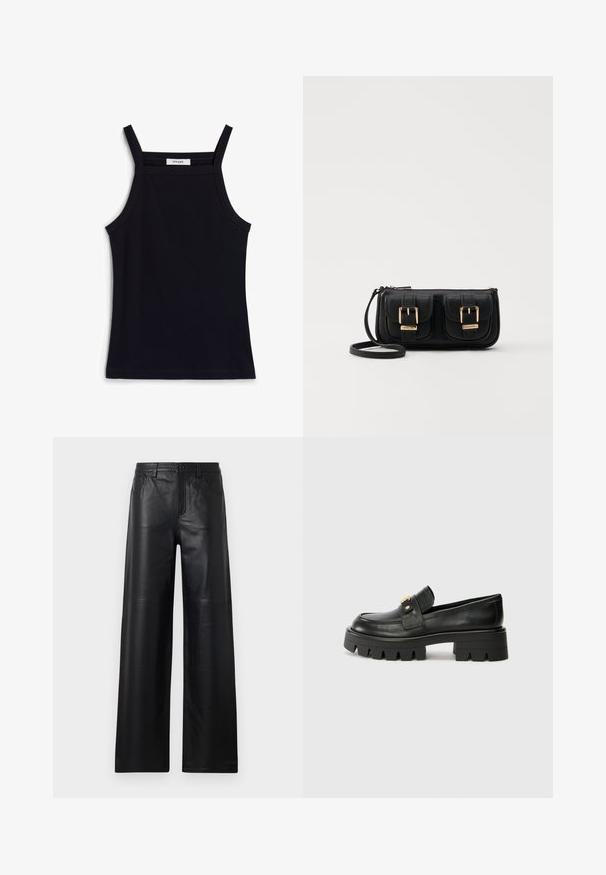 Must mustriba top, mille kitsaste õlavarre rihmadega, featuring ümar kaelus ja sirge serv. Sildil on kiri "IVY OAK."; Laiad mustad nahkpüksid siledast tekstuurist, esi-taskute, nööbiga sulgemise ja peente õmblusdetailidega.; Mustast nahkfrontaalid, millel on paks tald, esiosas kullatooni aksent ja sile viimistlus. Talse paksu mustriga disain.; Must küllastamata nahast õlakott, millel on kaks esist nähtavat taskut, kuldsed pandlad, tõmblukuga sulgemine ja peen rihm. Tekstuuriga pind ja kompaktne ristkülikukujuline kuju.