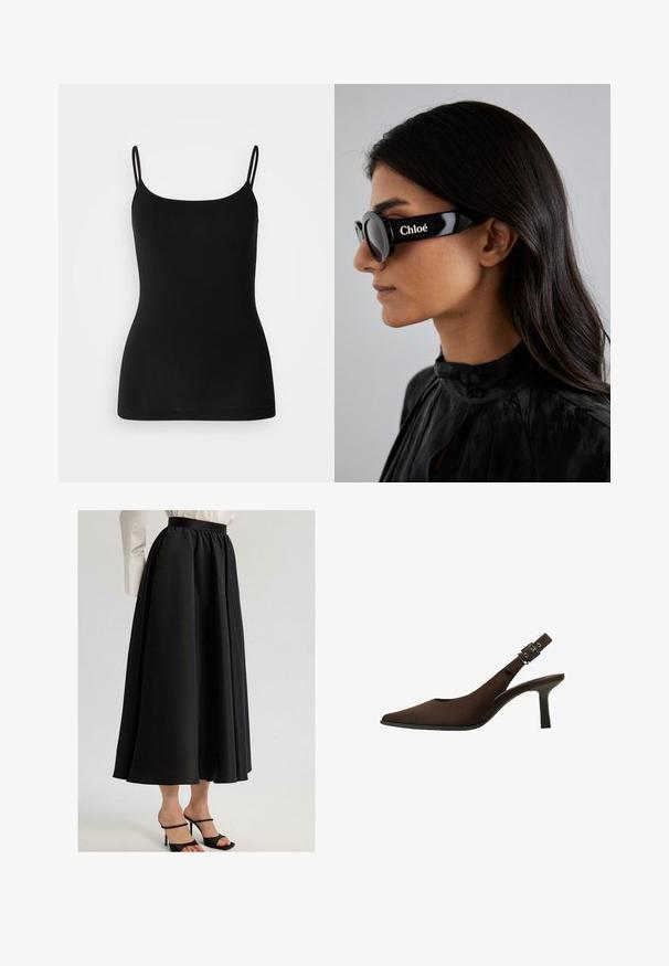 Zwarte camisole met dunne verstelbare bandjes, gladde rekstof en een aansluitende pasvorm. Geen patronen of versieringen.; Zwarte maxi-rok van gladde stof, met een geraffineerde tailleband en vloeiende uitstraling, gecombineerd met zwarte sandaaltjes met bandjes.; Bruine suede slingback pump met een spitse neus, slank ontwerp, dunne hak en een gespaccent op de enkelband.; Zwarte zonnebril met ronde glazen en gedurfde, hoekige monturen met het merk "Chloé" in het wit aan de zijkant. Glad, glanzend afwerking.; Bruine leren handtas met textuur, gouden hardware, een bovenhandvat en een afneembare schouderriem. Heeft een voorflap en een logo detail.; Gouden rechthoekige polshorloge met een witte wijzerplaat, zilverkleurige uurmarkeringen en een duurzame metalen schakelarmband. Inclusief waterdichte functie.