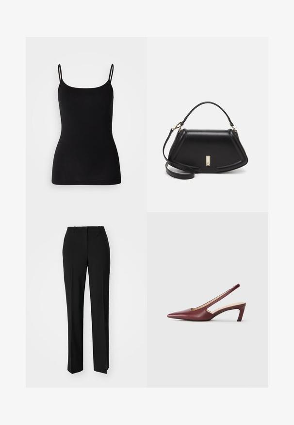 Schwarze Spaghetti-Top mit dünnen verstellbaren Trägern, glattem Stretchstoff und figurbetonter Silhouette. Keine Muster oder Verzierungen.; Schwarze, taillierte Hose mit geradem Bein, aus einem glatten Stoff und mit klaren Falten an der Vorderseite. Keine sichtbare Hardware.; Burgunderfarbene Slingback-High Heels mit spitzer Zehenform, Ausschnitten an den Seiten und einem Blockabsatz in mittlerer Höhe. Glatte Lederoberfläche.; Schwarze Lederhandtasche mit einem strukturierten Design, das eine verkürzte Form, einen oberen Griff und goldfarbene Hardware-Details aufweist. Verstellbarer Schulterriemen ist enthalten.