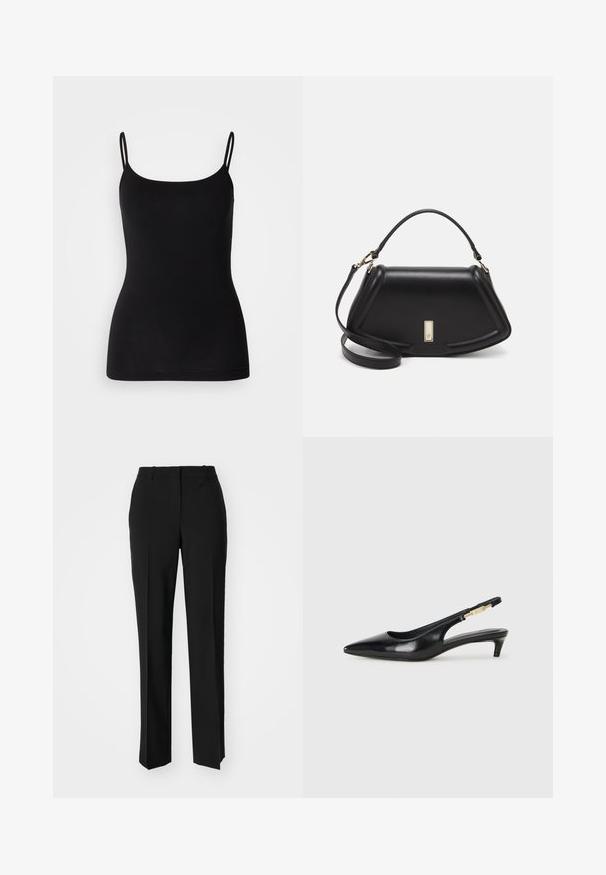 Black camisole top with thin adjustable straps, smooth stretch fabric, and a fitted silhouette. No patterns or embellishments.; Black tailored trousers with a straight-leg design, featuring a smooth texture and crisp creases along the front. No visible hardware.; Black leather slingback heels with a pointed toe, featuring a slim heel and a gold-tone accent on the adjustable strap. Smooth texture.; Black leather handbag with a structured design, featuring a cropped shape, top handle, and gold hardware accent. Adjustable shoulder strap included.