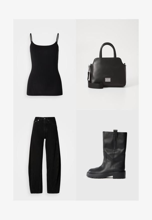 Črna top majica na naramnice s tanjšimi nastavljivimi naramnicami, gladke raztegljive tkanine in prilegajoče silhuete. Brez vzorcev ali okrasnih elementov.; Črne široke hlače iz denima z visokim pasom, ki imajo gumbasto zapiranje, pet žepov in minimalne šive.; Črne usnjene ботy do kolen z elegantnim dizajnom, z debelim podplatom in stranskim trakom za enostavno obuvanje. Opozorljive šive.; Črna sintetična torbica z zgornjimi ročaji, snemljivim ramenskim trakom, zaobljeno obliko, gladko teksturo in srebrnim logotipom na sprednji strani.