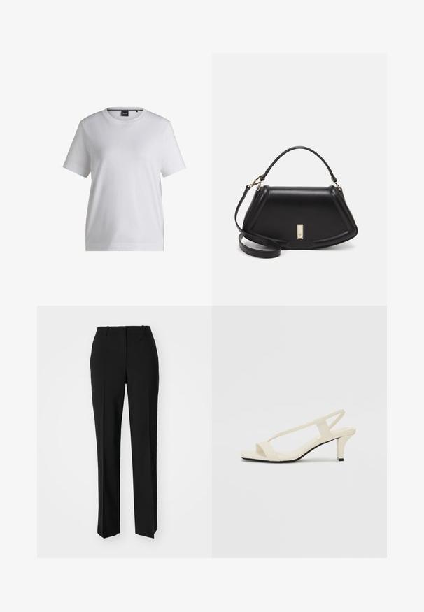 White cotton t-shirt with a round neckline, short sleeves, and a relaxed fit. Features a small brand tag near the collar.; Black tailored trousers with a straight-leg design, featuring a smooth texture and crisp creases along the front. No visible hardware.; Beige block-heeled sandals with thin straps and a square toe. Smooth material with minimal detailing, designed for easy wear.; Black leather handbag with a structured design, featuring a cropped shape, top handle, and gold hardware accent. Adjustable shoulder strap included.