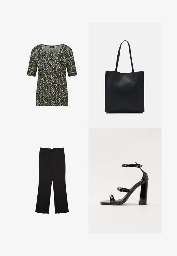 Schwarzes Kurzarmoberteil mit einem mehrfarbigen Punkte-Muster in Gelb, Blau und Hellrosa. Mit weiter Rundhalsausschnitt und weichem Stoff.; Schwarze Hose mit geradem Schnitt, ausgestattet mit Fronttaschen und Seitenschlitzen am Saum. Hergestellt aus weichem, glattem Stoff. Geeignet für verschiedene Anlässe.; Schwarze patentierte Sandalen mit Absatz, quadratischer Spitze, Knöchelriemen und silbernen Schnallen. Mit einem stabilen Blockabsatz für mehr Stabilität.; Schwarze Laptoptasche aus Leder mit glatter Textur, rechteckiger Form und zwei langen Griffen. Keine sichtbaren Beschläge oder Verzierungen.