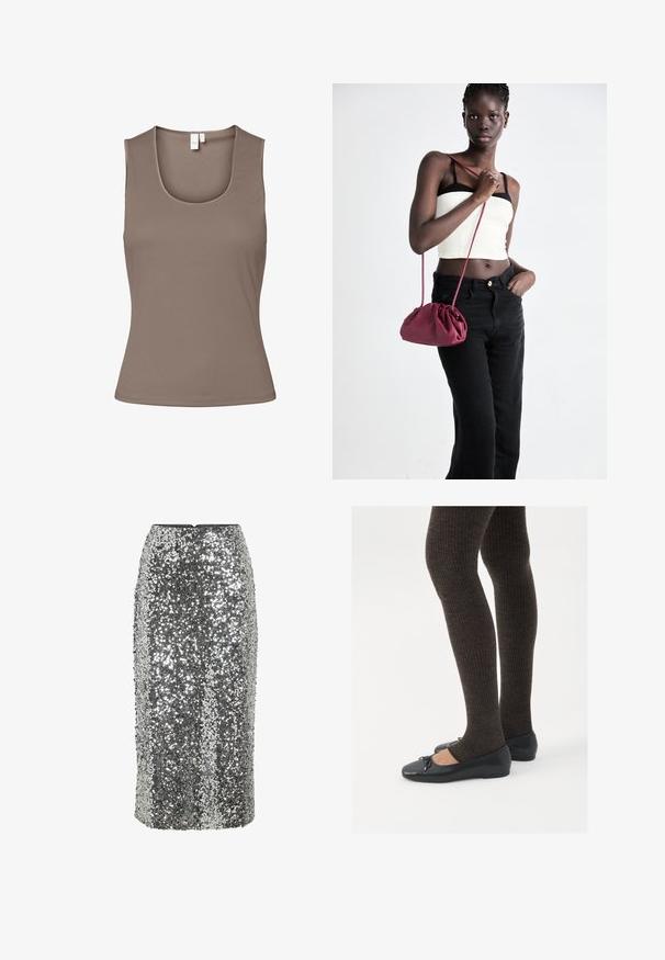 Brun ärmlös topp i mjukt, elastiskt tyg. Har en rundad halsringning och en figurnära design, med minimala sömmar och utan dekorationer.; Silver paljettpennkjol med figurnära design, knälång och slät textur. Har en dold dragkedja bak.; Svarta platta skor med en liten rosett vid tån, i kombination med mörkbruna ribbade strumpbyxor. Skorna har en slät yta och låg profil.; Burgundy mjukt tyg handväska med en samlad design och en lång rem, bärs över kroppen. Modellen bär en vit crop top och svarta jeans.