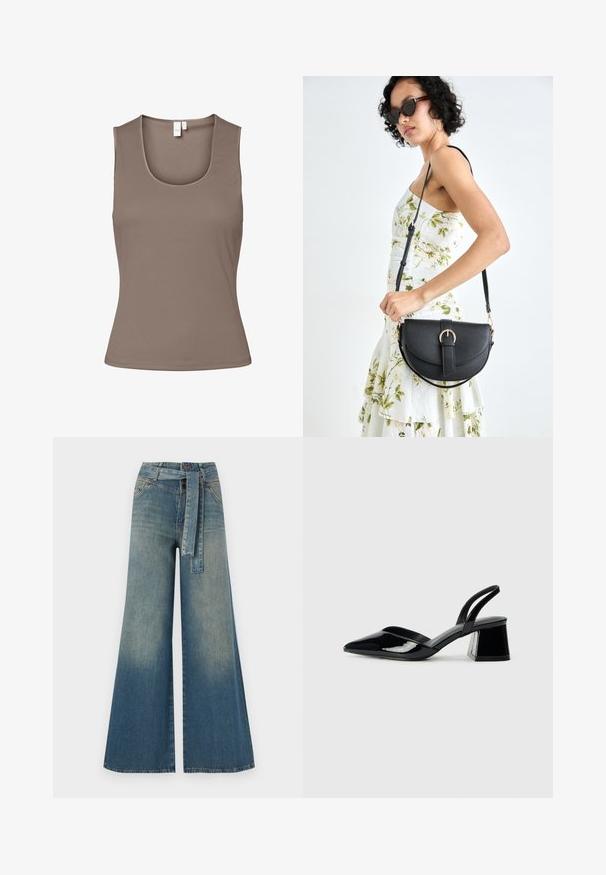 Brūns bezviedru tops, izgatavots no gludas, elastīgas auduma. Tam ir ieapaļa dekoltē un pieguļoša forma, ar minimālu šuvju skaitu un bez rotājumiem.; Platām kājām džinsu bikses ar gaismas līdz tumši zilam gradientam, augstu jostas līniju, jostas cilpām un atbilstošu auduma jostu. Tekstūrēts džinsas apdare.; Melna lakota āda ar atvērto papēdi, ar smailu purngalu un ģeometrisku blokpapēdi. Iezīmējas elegants, minimāls dizains un gluda tekstūra.; Melnas ādas rokassoma ar izliekta formu, noņemamu siksnu un zelta aksesuāriem. Somai ir vāciņš ar sprādzes detaļu.