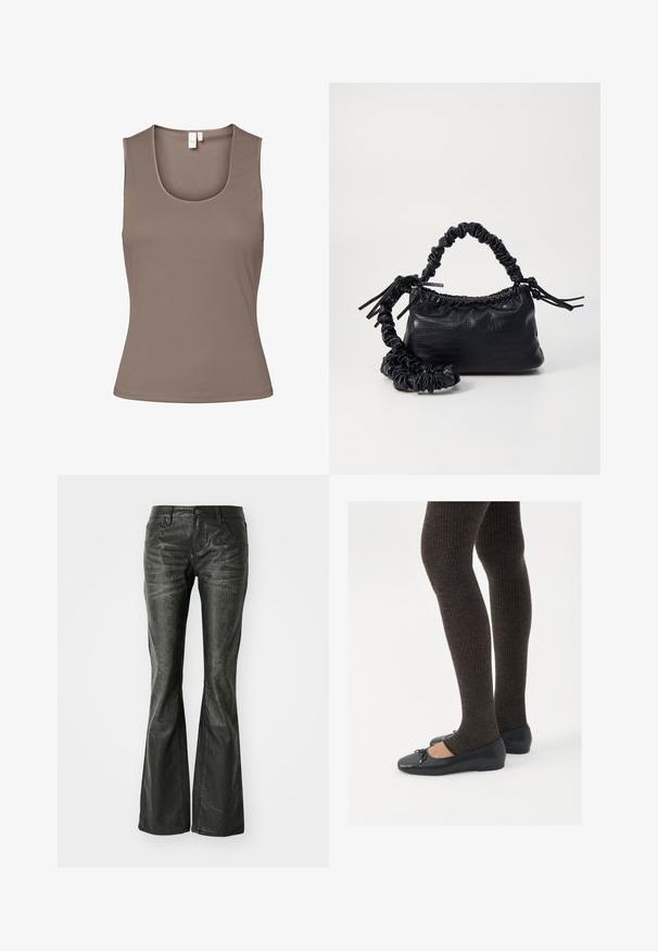Brunblått ermeløst topp laget av glatt, elastisk stoff. Har utringet hals og en tettsittende design, med minimale sømmer og ingen dekorasjoner.; Sorte falske skinn flared jeans med frontlommer, metallknapplukking og en lett teksturert overflate. Rett ben med lang kutt.; Sorte flate sko med en liten sløyfedetalj på tåen, kombinert med mørkebrune ribbede strømpebukser. Skoene har en glatt overflate og lav profil.; Svart faux skinn-håndveske med krokodilletekstur, strammet topp og en rynket stropp. Ser myk og kompakt ut i designen.