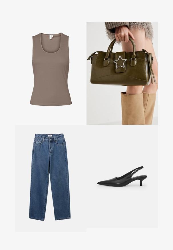 Brun ärmlös topp i mjukt, elastiskt tyg. Har en rundad halsringning och en figurnära design, med minimala sömmar och utan dekorationer.; Klassiska blå denimjeans med rak benform, fem fickor och knäppning. Har en medelblå tvättning och stadig textur.; Svart läder slingback-sandalett med spetstopp och en smal, böjd klack. Har ett diskret justerbart rem med en metallspänne.; Olivgrön konstläderhandväska med silverstjärna som accent, dubbla handtag och dragkedjestängning. Texturerad yta och strukturerad form.