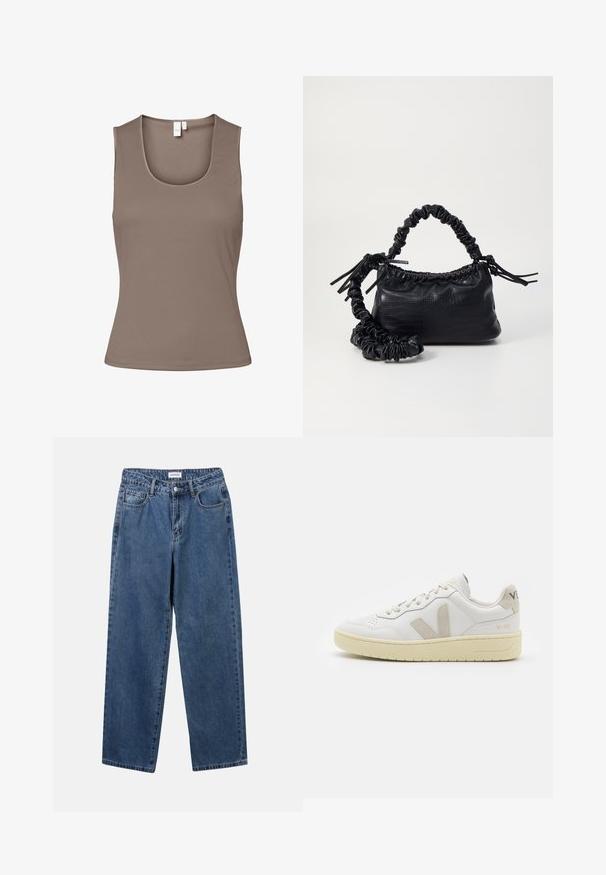 Brunblått ermeløst topp laget av glatt, elastisk stoff. Har utringet hals og en tettsittende design, med minimale sømmer og ingen dekorasjoner.; Klassiske blå denimjeans med rett ben-design, fem lommer og knappelukking. Har en middels vask og solid tekstur.; Hvite lær sneakers med beige semsket detaljer, perforert tåboks, flate lisser og en teksturert kremfarget såle. Har subtil branding på hælen.; Svart faux skinn-håndveske med krokodilletekstur, strammet topp og en rynket stropp. Ser myk og kompakt ut i designen.