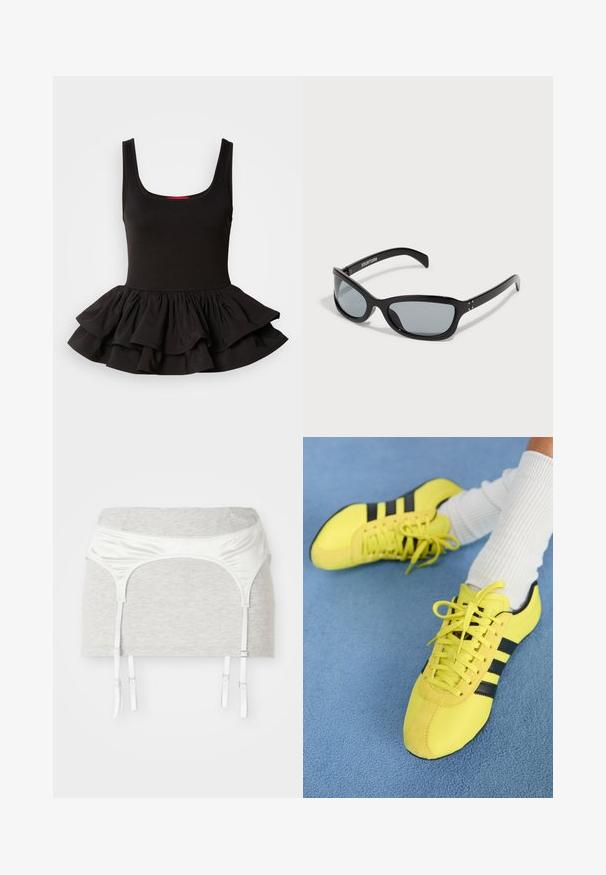 Czarny bezrękawnik z elastycznego materiału, z dopasowaną górą i falbaniastym dołem peplum w warstwowym wzorze. Gładka tekstura.; Szara bawełniana tkanina odzieżowa z satynowym białym paskiem w talii i czterema regulowanymi wstążkami do podwiązek. Gładka tekstura, dopasowany krój.; Jaskrawe żółte buty sportowe z czarnymi paskami i sznurówkami; mają teksturowaną cholewkę i zamszowe akcenty. Noszone z białymi skarpetami w prążki.; Czarne okulary przeciwsłoneczne o smukłym, kanciastym designie. Posiadają szare soczewki i błyszczące plastikowe oprawki. Zawierają małe metalowe akcenty oraz branding na ramieniu.; Czarna skórzana torebka z dwoma krótkimi uchwytami, srebrnymi akcentami, białymi detalami i białym logo. Posiada teksturowaną powierzchnię oraz kompaktowy design.