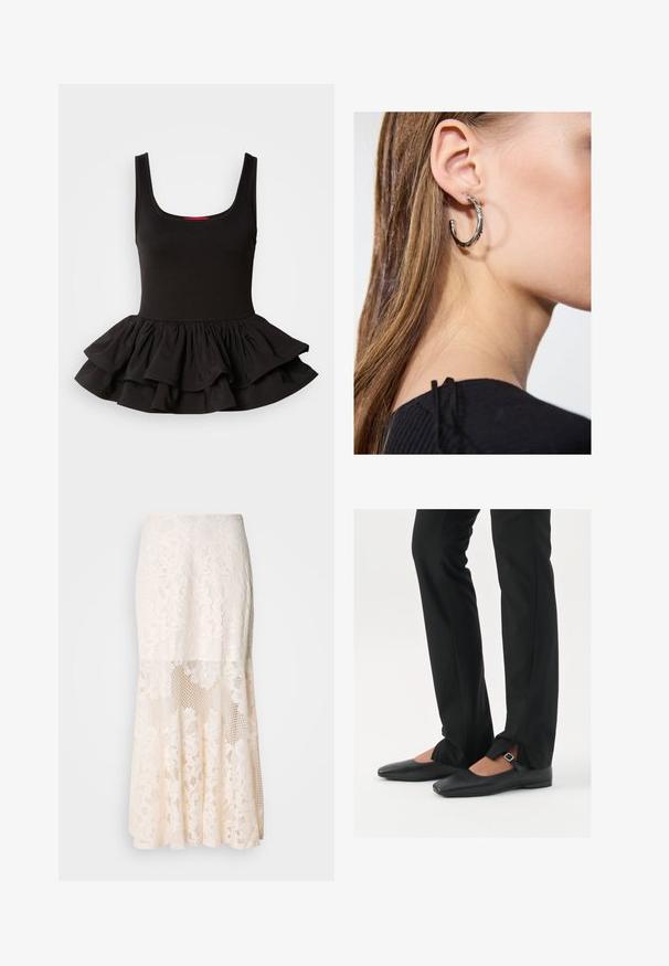 Haut sans manches noir en tissu extensible, présentant un corsage ajusté et un ourlet peplum froncé avec un design superposé. Texture lisse.; Jupe midi en dentelle florale couleur crème ; elle présente un design superposé avec des sections transparentes, de la dentelle texturée, et un ourlet évasé.; Ballerines en cuir noire avec un bout pointu, sangle avec boucle en argent, associées à un pantalon noir sur mesure avec un ourlet fendu.; Boucle d'oreille en argent avec une finition polie, présentant de petits détails en or et de forme ronde, portée sur le lobe.