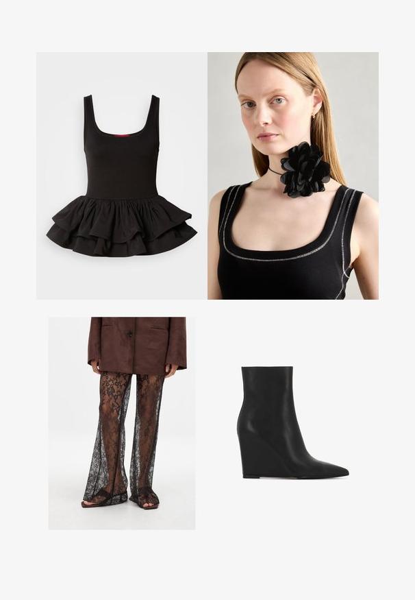 Black sleeveless top in stretch fabric, featuring a fitted bodice and a ruffled peplum hem with layered design. Smooth texture.; Black lace flared pants with a floral pattern, sheer texture, and wide leg openings, paired with brown slide sandals.; Black wedge ankle boot made of textured leather; features a pointed toe and a smooth, sleek design with a contoured silhouette.; Black flower choker collar made of layered petals, worn with a black ribbed tank top featuring silver accents along the neckline and shoulders.