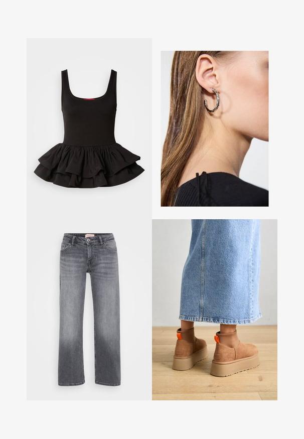 Čierny bezrukávový top z elastickej látky, s priliehajúcou siluetou a volánovým peplum lemom s viacvrstvovým dizajnom. Hladká textúra.; Sivé džínsy s rovnými legami, pätkový strih, jemné vyblednutie a gombíkový uzáver v páse.; Hnedé zamskové platformové čižmy s elastickými bočnými panelmi a oranžovými ťahákmi, v kombinácii s sukňou z ľahkého denimu po kolená, na drevenej podlahe.; Strieborná kruhová náušnica s lesklým povrchom, obsahujúca malé zlaté akcenty a okrúhly tvar, nosená na lalôčiku ucha.