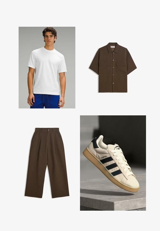 Weißes T-Shirt mit kurzen Ärmeln und Rundhalsausschnitt, glatte Textur, ohne sichtbare Muster oder Logos, getragen mit blauen Sporthosen.; Kurzärmliges, dunkelbraunes Hemd aus strukturiertem Stoff. Verfügt über eine Knopfleiste und zwei Brusttaschen. Lässiges Design mit entspannter Passform.; Braune Plisseehosen mit weitem Bein, ausgestattet mit einem Knopfverschluss und seitlichen Taschen, aus strukturiertem Stoff, der sich gut für Freizeitkleidung eignet.; Beige Wildledersneaker mit drei dunkelblauen Streifen, weißen Schnürsenkeln und einer tannfarbigen Gummisohle. Verfügt über ein Logo auf der Zunge und den Text "CAMPUS".