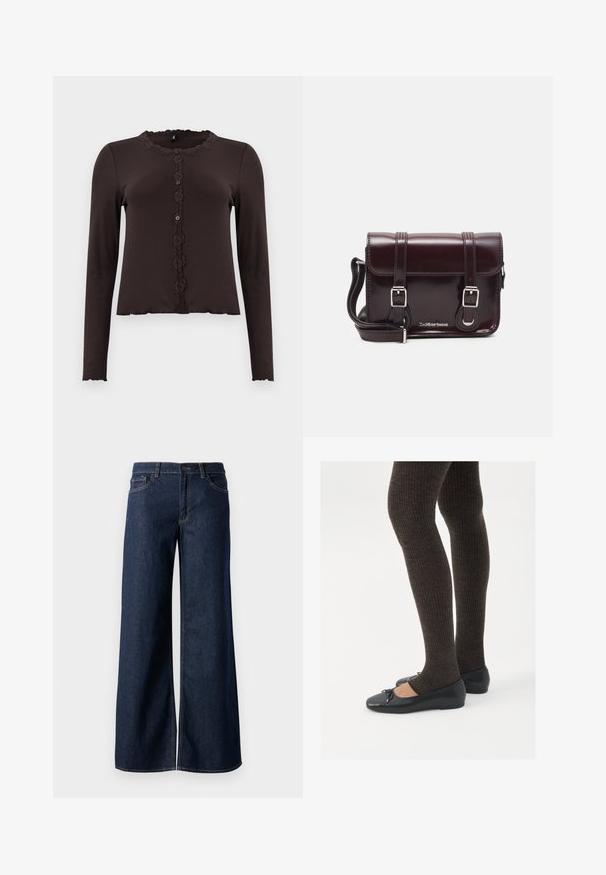 Dunkelbraunes Langarmoberteil mit gerippter Textur, Spitzenbesatz am Halsauschnitt und einer knöpfbaren Vorderseite mit drei Knöpfen. Wellenförmiger Saum.; Weite Jeans in dunkelblauem Denim. Merkmale sind kontrastierende Nähte, fünf Taschen und ein Knopfverschluss an der Taille. Glatte Textur.; Schwarze flache Schuhe mit einem kleinen Schleifendetail an der Zehe, kombiniert mit dunkelbraunen gerippten Strumpfhosen. Die Schuhe haben eine glatte Textur und ein niedriges Profil.; Burgunderfarbene Patelleder-Crossbody-Tasche mit rechteckiger Form, zwei Riemen, silberfarbener Hardware und einem Klappenverschluss.