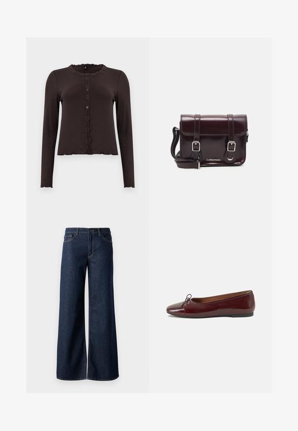 Top lungo a maniche con texture a coste in marrone scuro, con bordo in pizzo sul collo e chiusura frontale con tre bottoni. Orlo a scallop.; Jeans a gamba larga in denim blu scuro. Presentano cuciture a contrasto, cinque tasche e una chiusura con bottone in vita. Texture morbida.; Ballerine in pelle verniciata bordeaux con punta arrotondata, piccolo fiocco decorativo sulla parte anteriore e suola bassa in gomma nera. Texture liscia.; Borsa a tracolla in pelle verniciata bordeaux con forma rettangolare, due manici, accessori in argento e chiusura a patta.