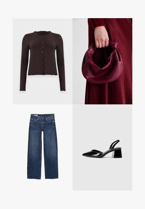 Dunkelbraunes Langarmoberteil mit gerippter Textur, Spitzenbesatz am Halsauschnitt und einer knöpfbaren Vorderseite mit drei Knöpfen. Wellenförmiger Saum.; Jeans mit weitem Bein aus dunkel gewaschenem Denim mit verwaschener Textur und verstreuten hellen Flecken, ausgestattet mit einem Knopfverschluss und Fronttaschen.; Schwarze Lackleder-Slingback-High Heels mit spitzem Schuh und einem geometrischen Blockabsatz. Verfügt über ein schlankes, minimalistisches Design und eine glatte Textur.; Burgunderleder-Handtasche mit einem weichen, gerafften Design und einer gerundeten Form. Der Griff ist gesichert und zeigt eine glatte Textur.