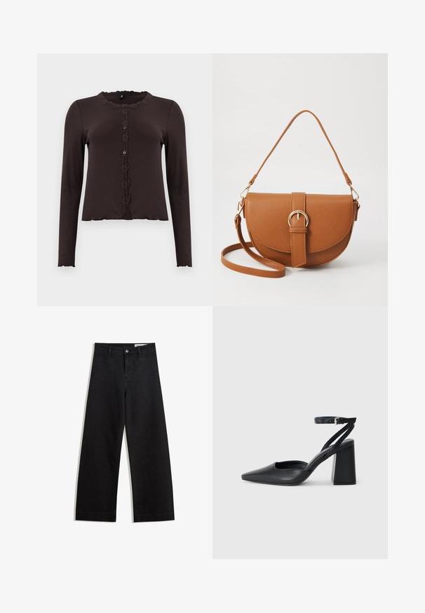Top lung cu maneci lungi, de culoare cafenie închisă, cu textură striată, garnituri din dantelă la decolteu și un închidere cu butoane compusă din trei butoane. Saie cu margine ondulată.; Pantaloni din denim negri cu picioare largi, cu talie înaltă, având buzunare frontale și posterioare, cusături dublate și închidere cu nasture. Textură netedă.; Pantofii cu toc ascuțit din piele neagră, cu breteaua pentru glezne și toc gros. Textură netedă, design elegant și estetică minimală.; Geantă din piele maro, tip crossbody, cu o formă curbată, accesorii aurii și un accent cu cataramă. Dispune de un curea de umăr detașabilă.