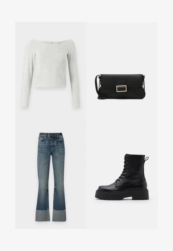 Harmaa pitkähihainen paita, jossa on olkapäät paljastava malli, valmistettu pehmeästä ja kevyestä kankaasta, ja sen yksinkertainen, nykyaikainen muotoilu.; Farkut lahkeet sinisessä keskikokoisessa sävyssä, korkealla vyötäröllä, viidellä napilla ja risareunalla. Laitassa on vaaleampi lahje ja kulunut tekstuuri.; Musta nahkainen nilkkureita, joissa on pyöreä kärki, nauhakiinnitys edessä ja paksu kumipohja, jossa on teksturoitu pinta. Takana vetotappi.; Musta nahkainen kynäpenkkilaukku, jossa on läppä ja kultainen metallinen solkiyksityiskohta. Mukana musta hihna ja tyylikäs, minimalistinen muotoilu.