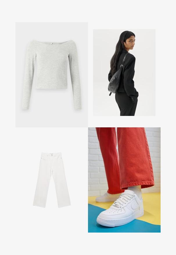 Graues Langarmoberteil mit Off-Shoulder-Design, aus weichem, leichtem Stoff gefertigt, mit einer einfachen, eleganten Silhouette.; Weiße Denim-Hose mit weitem Beinschnitt, ausgestattet mit einem klassischen Fünf-Taschen-Design, Metallbeschlägen und Kontrastnähten. Glatte Textur und lockere Passform.; Weiße Leder-Sneaker mit perforiertem Zehenbereich, strukturiertem Sohlen und weißen Schnürsenkeln, kombiniert mit weiten roten Hosen und einem blauen und gelben Hintergrund.; Frau mit langen dunklen Haaren, die einen schwarzen Anzug trägt und eine schwarze Lederschultertasche hält, schaut über ihre Schulter vor einem weißen Hintergrund.; Silberne Creolen mit minimalistischem Design. Rundform, glatte Oberfläche und dünnes Profil. Leichtgewichtig mit hochglänzender Oberfläche.