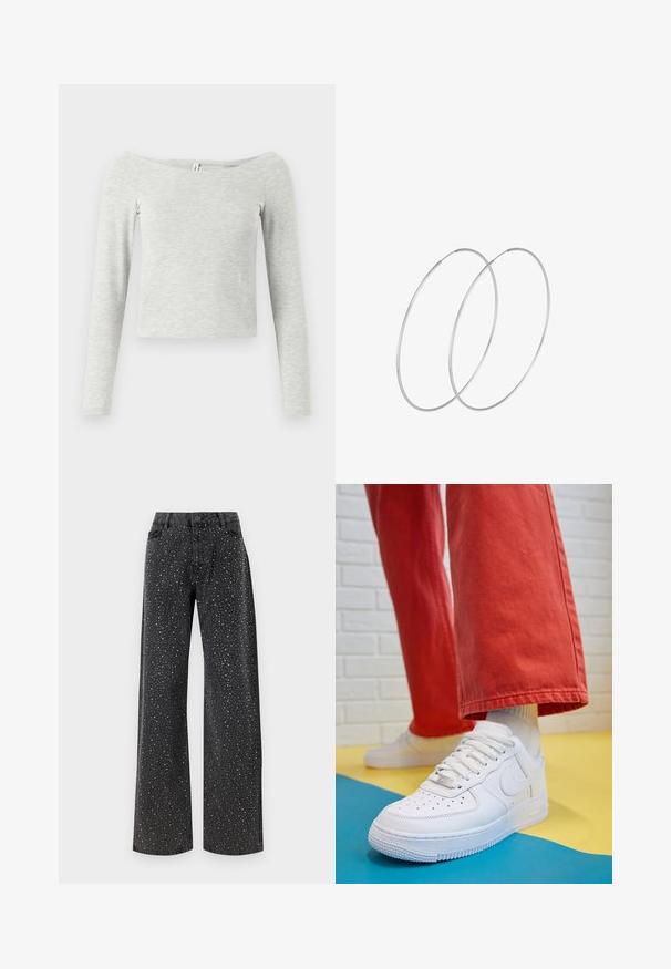 Gray long-sleeve top with an off-the-shoulder design, made from soft, lightweight fabric, featuring a simple, sleek silhouette.; Noisy May NMJANNEL LOOSE - Relaxed fit jeans - black denim; White leather sneaker with perforated toe box, textured sole, and white laces, paired with wide red pants and a blue and yellow background.; Silver hoop earrings with a minimalist design. Circular shape, smooth texture, and thin profile. Lightweight with a polished finish.