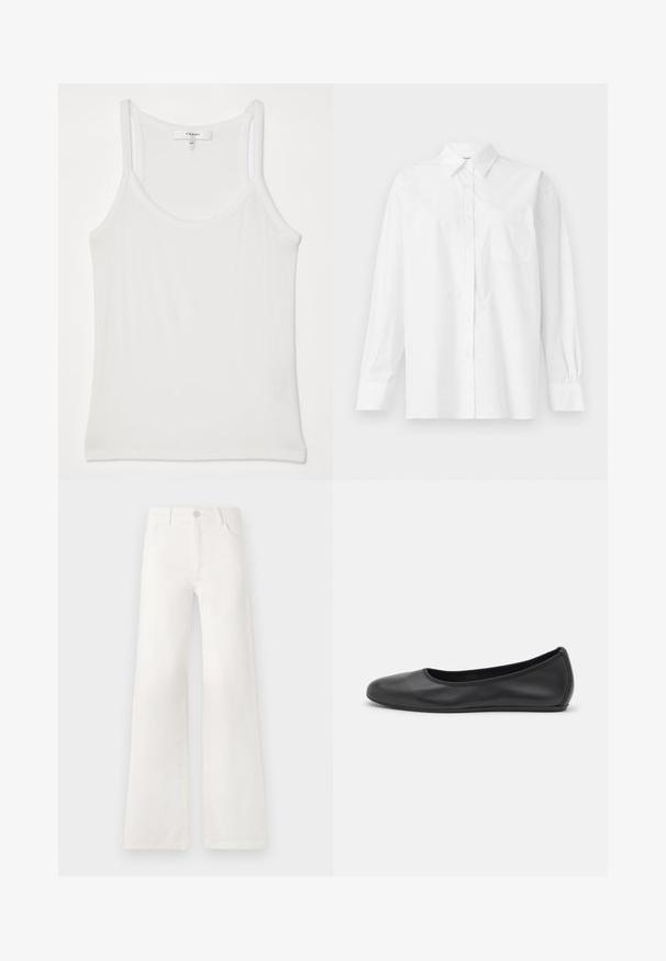 White sleeveless tank top made of soft, ribbed fabric; features thin straps and a round neckline, tag reads "FRAME."; White long-sleeve shirt made of cotton, featuring a classic collar, button closure, and a single breast pocket on the left side.; White, high-waisted wide-leg jeans made of denim. Features a button closure, two front pockets, and side seams with stitching details.; Black leather ballet flat with a rounded toe, smooth texture, minimal stitching detail, and a flexible sole design.