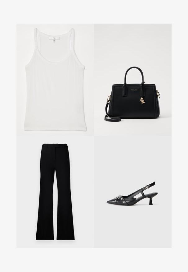 Fehér ujjatlan topp, puha, bordázott szövetből; vékony pántokkal és kerek nyakkivágással rendelkezik, a címke szerint "FRAME."; Fekete, harangszárú nadrág sima textúrával, precíziós derékrésszel és elülső zsebekkel, amely egy sima, modern sziluettet tervez.; Fekete bőr slingback cipő hegyes orral, dekoratív pántokkal, fém szemekkel és alacsony blokk sarkú. Texturált felület.; Fekete bőr kézitáska strukturált dizájnnal, dupla felső fogantyúkkal, levehető vállpánttal, arany színű fémrészletekkel és logómedál díszítéssel.