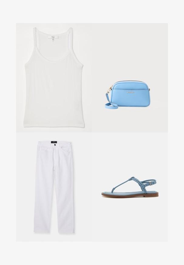 Canotta bianca senza maniche realizzata in morbido tessuto a coste; presenta spalline sottili e un collo rotondo, etichetta con la scritta "FRAME".; Jeans in denim bianco con taglio dritto, design a cinque tasche e chiusura anteriore con bottone. Presentano una texture liscia e cuciture visibili.; Sandalo infradito in pelle blu con suola piatta, caratterizzato da un design a fascia sottile e una chiusura con fibbia alla caviglia per una vestibilità sicura.; Borsa a tracolla in pelle azzurro chiaro con dettagli in metallo oro, chiusura con zip e tasca frontale. Presenta un tracolla regolabile per maggiore comodità.