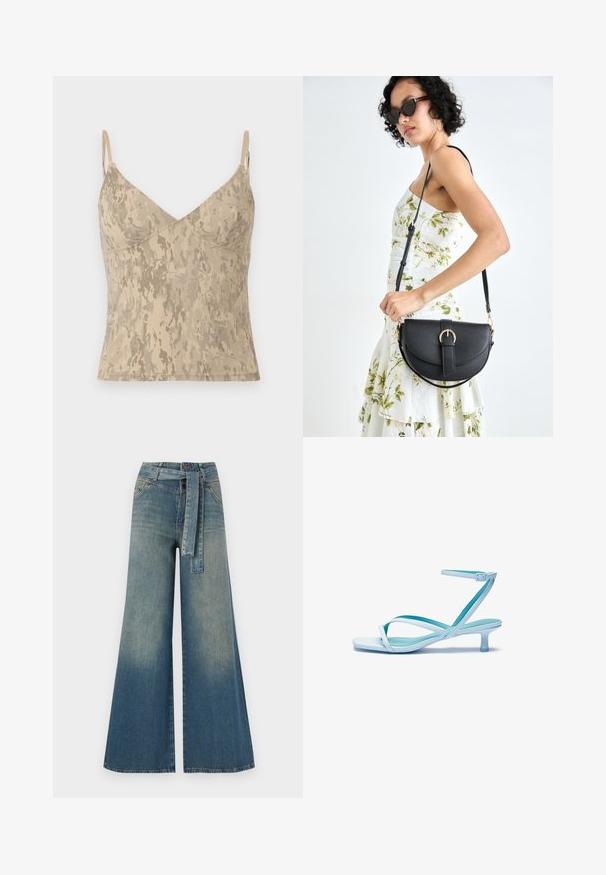 Top bej fără mâneci, cu bretele subțiri și ajustabile, decorat cu un model abstract, mozaicat.; Pantaloni din denim largi, cu un gradient de la albastru deschis la albastru închis, talie înaltă, bucle pentru curea și o curea din același material. Finisaj texturat din denim.; Sandal cu barete subțiri de culoare albastru deschis, cu vârf pătrat, toc jos, curea de gleznă ajustabilă și finisaj neted, lucios. Barete încrucișate pe talpa interioară.; Geantă din piele neagră, cu o formă curbată, curea detașabilă și accesorii aurii. Geanta are un capac cu un detaliu tip cataramă.