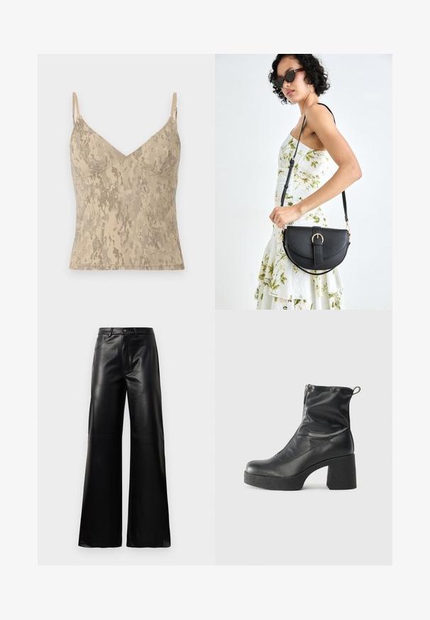 Bežinis be rankovių kamzolis su plonais reguliuojamais petnešomis ir abstrakčiu dėmėtu raštu.; Juodos aukšto juosmens plačios kojų dirbtinės odos kelnės su priekiniais mygtukais, užtrauktuku, diržo kilpomis ir šoninėmis kišenėmis ant balto fono.; Juodos kulkšninių botai, pagaminti iš lygaus odos, su šoniniu užtrauktuku, masyviu tekstūruotu kulnu ir apvaliu pirštu.; Juodas odinis krepšys su išlenkta forma, nuimamu dirželiu ir auksiniais detalėmis. Krepšys turi kilpą su sagtimi.