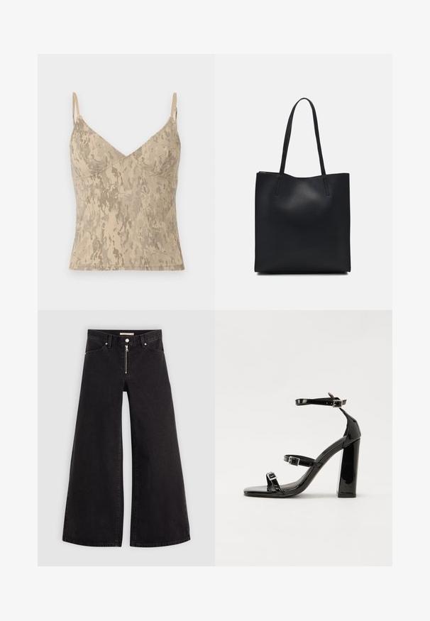 Beige ermeløs cami-top med tynne justerbare stropper og abstrakt flekkete mønster.; Vide benbukser i sort denim med glidelås i front, fem-lomme design og subtile sømdetaljer. Glatt tekstur og avslappet stil.; Svart høyglans sandaler med hæl, firkantet tå, ankelremmer og sølvspenner. Har en kraftig blokkhæl for stabilitet.; Svart lær tote bag med glatt tekstur, rektangulær form og to lange håndtak. Ingen synlige deler eller dekorasjoner.