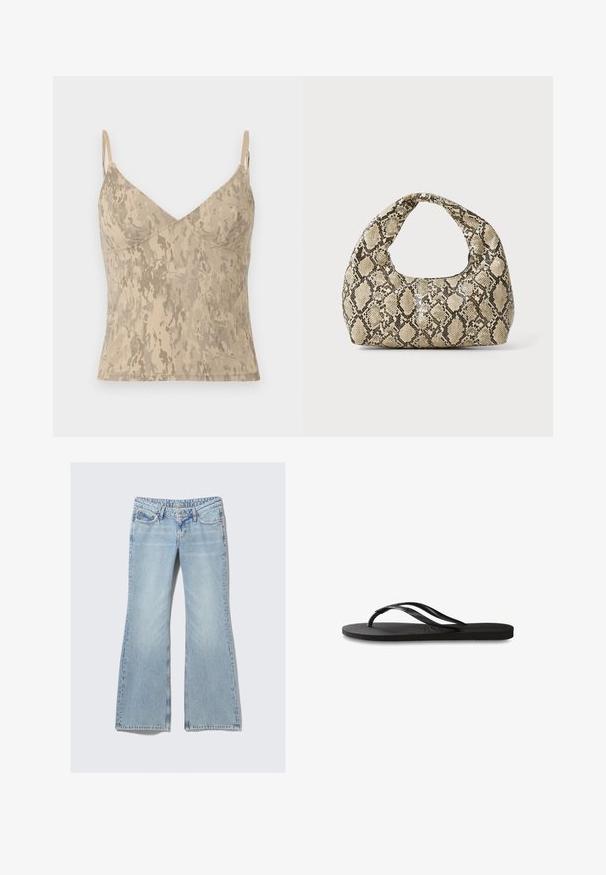 Beige ärmelloses Camisole-Top mit dünnen verstellbaren Trägern und abstraktem marmoriertem Muster.; Weekday NOVA - Jeans Slim Fit - lip blue; Schwarze Flip-Flops mit einer strukturierten Gummisohle, zwei schlanken Riemen und einem dezenten, geprägten Logo-Detail auf dem Riemen.; Schlangenmuster-Tasche mit einem gebogenen Griff. Hergestellt aus strukturierten, beige- und braunfarbenen Materialien, die ein markantes Diamantmuster aufweisen.