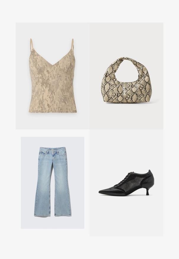 Beige ilma varrukatega kampsun õhukeste reguleeritavate rihmadega ja abstraktse marmorviimistlusega.; Weekday NOVA - Liibuvad teksad - lip blue; Mustad mustakottidega jalanõud, millel on võrkpaneeli disain, madala kanna ja nööpidega esiküljel. Valmistatud nahast ja võrkkangast.; Musta käärmeprindiga kott kõveraga käepidemega. Valmistatud tekstiilsetest, beežidest ja pruunidest materjalidest, millel on iseloomulik rombikujuline muster.