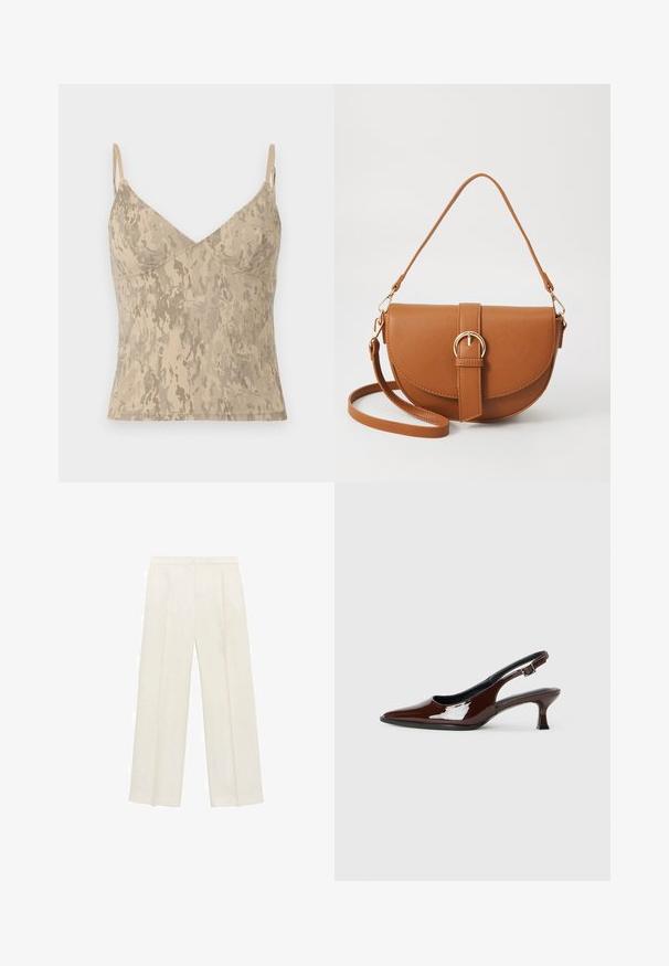 Béžový bezrukávový top s tenkými nastaviteľnými ramienkami a abstraktným mramorovým vzorom.; Široké nohavice vo svetlej krémovej farbe. Vyrobené z hladkej látky s skladmi vpredu a bočnými vreckami.; Hnedá lakovaná slingback obuv s špicatou špičkou a mierne vysokým opätkom. Obsahuje pracku pre bezpečné upevnenie. Hladká textúra.; Hnedá kožená kabelka cez telo s zakriveným tvarom, zlatými kovovými doplnkami a akcentom s prackou. Obsahuje odnímateľný ramenný popruh.