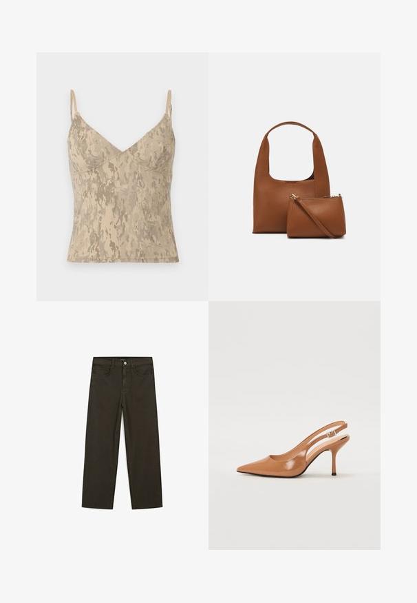Canotta beige senza maniche con spalline sottili e motivo astratto maculato.; Jeans a gamba larga di colore verde scuro, realizzati in tessuto misto cotone, dotati di chiusura con bottone frontale, cinque tasche e cuciture classiche in denim.; Tacco slingback a punta affusolata in un materiale tan liscio e lucido. Presenta un design con ritaglio curvo e un sottile tacco a stiletto. Dettaglio con fibbia argentata.; Borsa sintetica marrone con manico curvo e texture liscia. Include una piccola pochette abbinata con zip. Design minimalista.