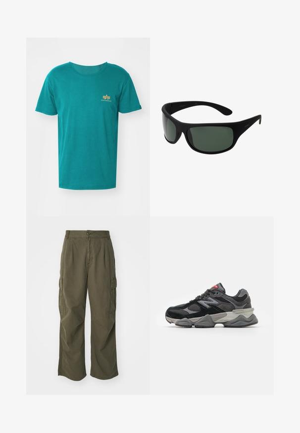 Alpha Industries SMALL LOGO - Printtipaita - force green; Vihreät cargo-housut, valmistettu puuvillasta, leveällä lahjesuunnittelulla, taitoksilla ja sivutaskuilla käytännöllisyyttä varten.; Mustat ja harmaat lenkkarit, joissa on yhdistelmä mokkaa ja verkkomateriaaleja, paksu pohja, hallitseva logo ja punaisia yksityiskohtia kielekkeessä.; Mustat wraparound aurinkolasit tummanvihreillä linsseillä. Matte-pinta, kaareva muotoilu, suorat sivupäät ja hillitty brändäys sivussa.; Setti seitsemän hopeasormusta, joissa on erilaisia muotoiluja, kuten kierrettyjä, linkitettyjä ja kaiverruksilla varustettuja kuvioita. Eri muotoja ja leveydet.