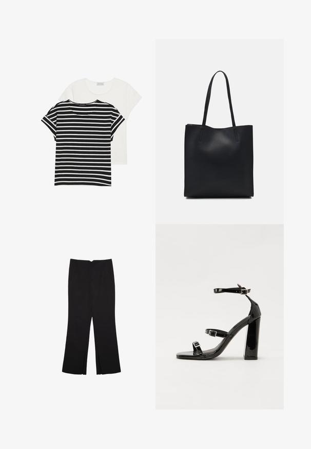 Two t-shirts: one black and white striped with short sleeves, and one solid white, both featuring a rounded neckline and casual fit.; Black trousers with a straight fit, featuring front pockets and side slits at the hem. Made of soft, smooth fabric. Suitable for various occasions.; Black patent heeled sandals with a square toe, ankle straps, and silver buckles. Features a chunky block heel for stability.; Black leather tote bag with smooth texture, rectangular shape, and two long handles. No visible hardware or embellishments.