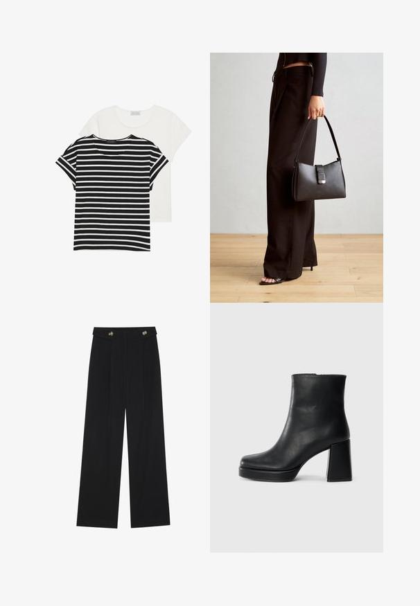 Twee t-shirts: één zwart-wit gestreept met korte mouwen, en één effen wit, beide met een ronde halslijn en een casual pasvorm.; Zwarte wijde broek met hoge taille, knoopdetails op de tailleband en plooien aan de voorkant.; Zwarte leren enkelboot met een blokhak en platformzool, zijaanzicht op een effen witte achtergrond.; Zwarte handtas met gestructureerde vorm, gladde textuur en een metalen sluiting. Gecombineerd met brede zwarte broeken en sandalen met open teen op een houten vloer.