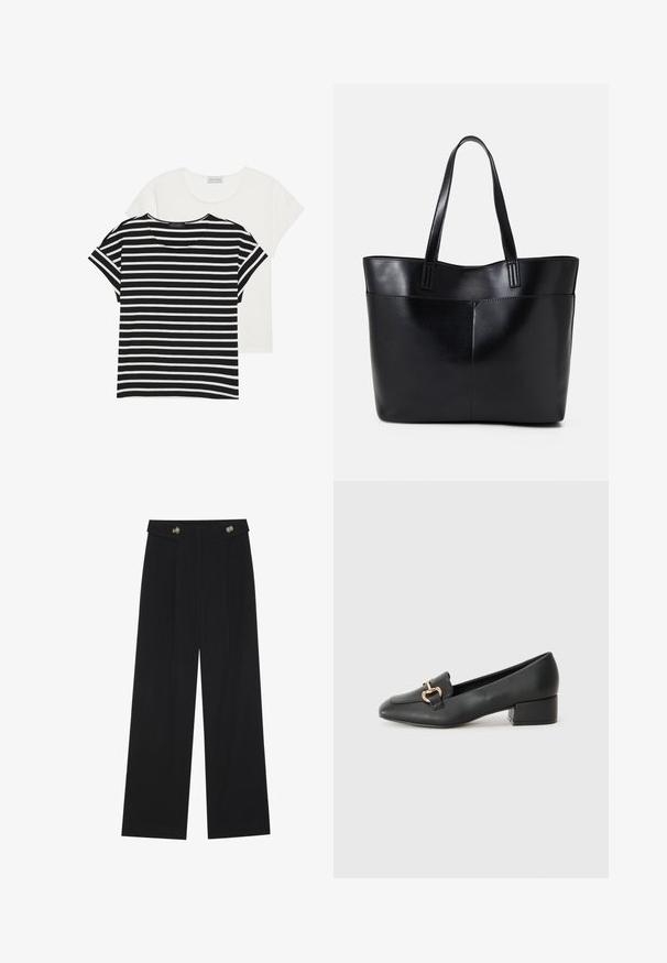 Două tricouri: unul cu dungi negre și albe, cu mâneci scurte, și unul complet alb, ambele având un guler rotund și o croială lejeră.; Pantaloni negri cu picioare largi, talie înaltă, detalii cu butoane pe talie și pliseuri în față.; Loaferi negri din piele, cu toc plat, având un detaliu decorativ din hardware auriu în față și o textură netedă.; Geantă oversized din piele neagră, cu două mânere lungi, de textură netedă și formă structurată. Are un buzunar frontal pentru stocare suplimentară.