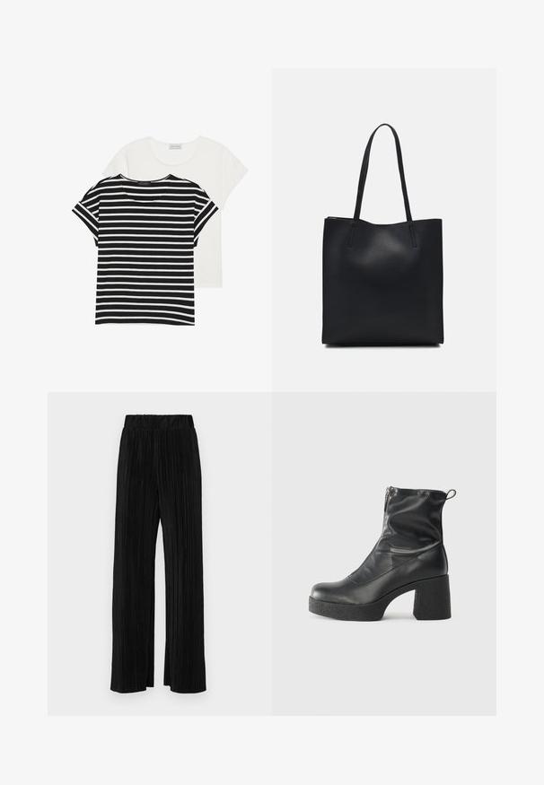 Zwei T-Shirts: eines schwarz-weiß gestreift mit kurzen Ärmeln und eines einfarbig weiß, beide mit einem runden Ausschnitt und lässigem Schnitt.; Schwarze plissierte Hose mit elastischem Bund. Verfügt über weite Hosenbeine und einen glatten, strukturierten Stoff mit vertikalen Streifen.; Schwarze Stiefeletten aus glattem Leder mit seitlichem Reißverschluss, klobigem strukturiertem Absatz und runder Zehenform.; Schwarze Laptoptasche aus Leder mit glatter Textur, rechteckiger Form und zwei langen Griffen. Keine sichtbaren Beschläge oder Verzierungen.