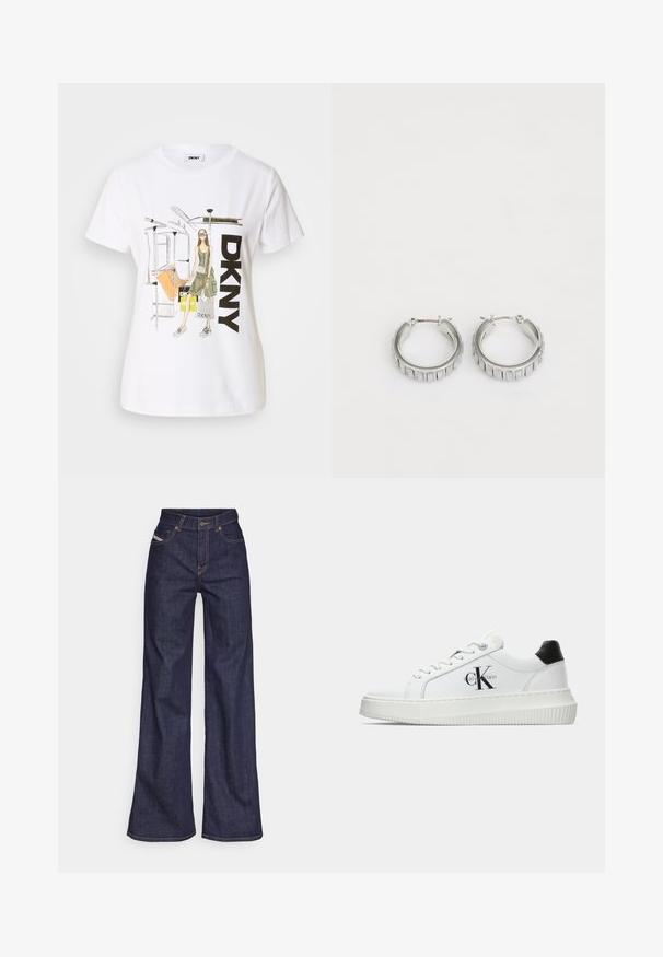Bílá bavlněná tričko s grafickou ilustrací ženy, textem "DKNY" a prvky newyorské podzemky. Volný střih, krátké rukávy.; Tmavě modré džíny s širokým střihem vyrobené z denimové tkaniny, s vysokým pasem, oranžovým prošíváním, pěti kapsami a zapínáním na knoflík.; Bílé nízké tenisky s černým patním tabem, platformovou podrážkou, tkaničkami a logem Calvin Klein "CK" na boku.; Stříbrné kruhové náušnice s texturovaným designem a vertikálními drážkami. Kulatý tvar s pevným uzávěrem. Hladký povrch.