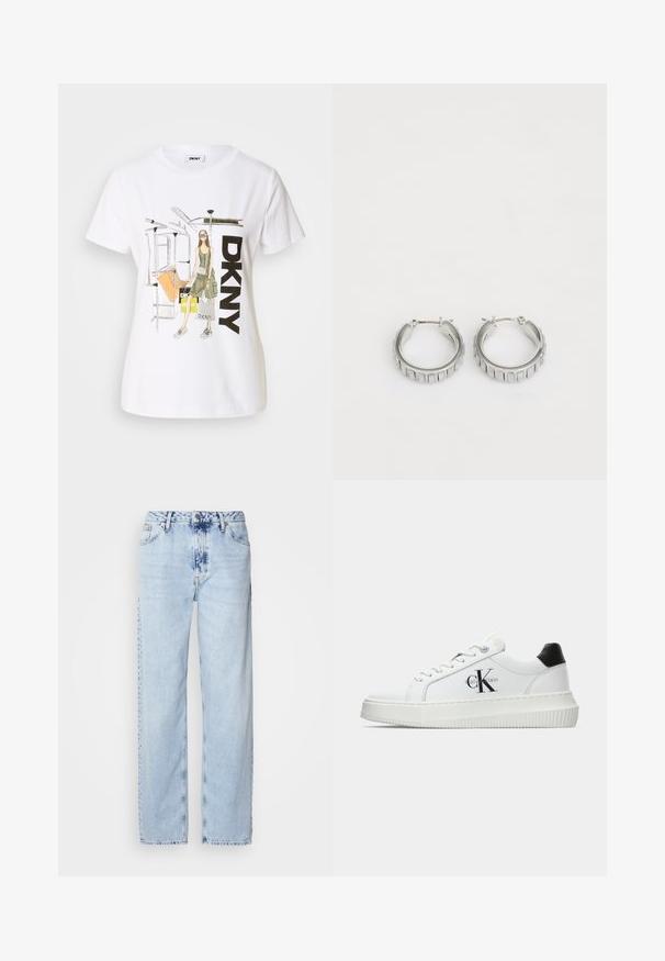 Baltā kokvilnas T-krekls ar grafisku ilustrāciju, kurā attēlota sieviete, "DKNY" teksts un Ņujorkas metro elementi. Ikdienas piegriezums, īsas piedurknes.; Gaiši zilas platās kājas džinsi, izgatavoti no denima, ar augstu jostas vietu, izbalinātu krāsu un smalku krāsošanas rakstu priekšpusē.; Baltā zema topa sporta apavas ar melnu papēža cilni, platformas zoli, auklēm un Calvin Klein "CK" logo sānos.; Sudraba gredzena auskari ar faktūras dizainu, kas ietver vertikālas rievas. Apaļa forma ar drošu aizdari. Gluda apdare.