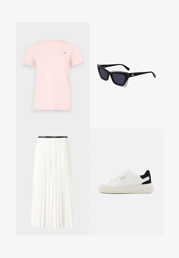 Rosa bomull T-skjorte med korte ermer, rund hals og en liten trekantet logo på øvre venstre bryst. Enkel, uformell design.; Plissert hvit skjørt med en svart elastisk midje som har "LACOSTE"-logoen. Midjelengde design med myk tekstur.; Hvite lær sneakers med tykk hvit såle, svart semsket hælforsterkning og preget logo på siden. Snøresystem med seks hull.; Store svarte solbriller i overdimensjonert størrelse med geometrisk form, med mørke linser og en kontrasterende grå detalj på rammen. Logo på armen.
