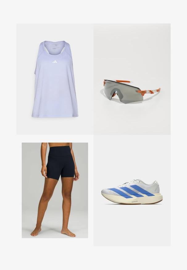 Lyslilla atletisk tank top med racerback-design. Har et lille hvidt Adidas-logo på brystet. Fremstillet af glat, åndbart stof.; Sorte højtaljede shorts lavet af strækbart stof, med en glat tekstur og et tætsiddende design, der falder til midt på låret.; Hvid atletisk sko med blå striber, struktureret overdel, flad sål og "LIGHTSTRIKE PRO" branding på siden. Lavprofil design.; Sports solbriller med grå linse, orange accenter og mønstrede hvide arme. Designet til præstation med en rundt om form.